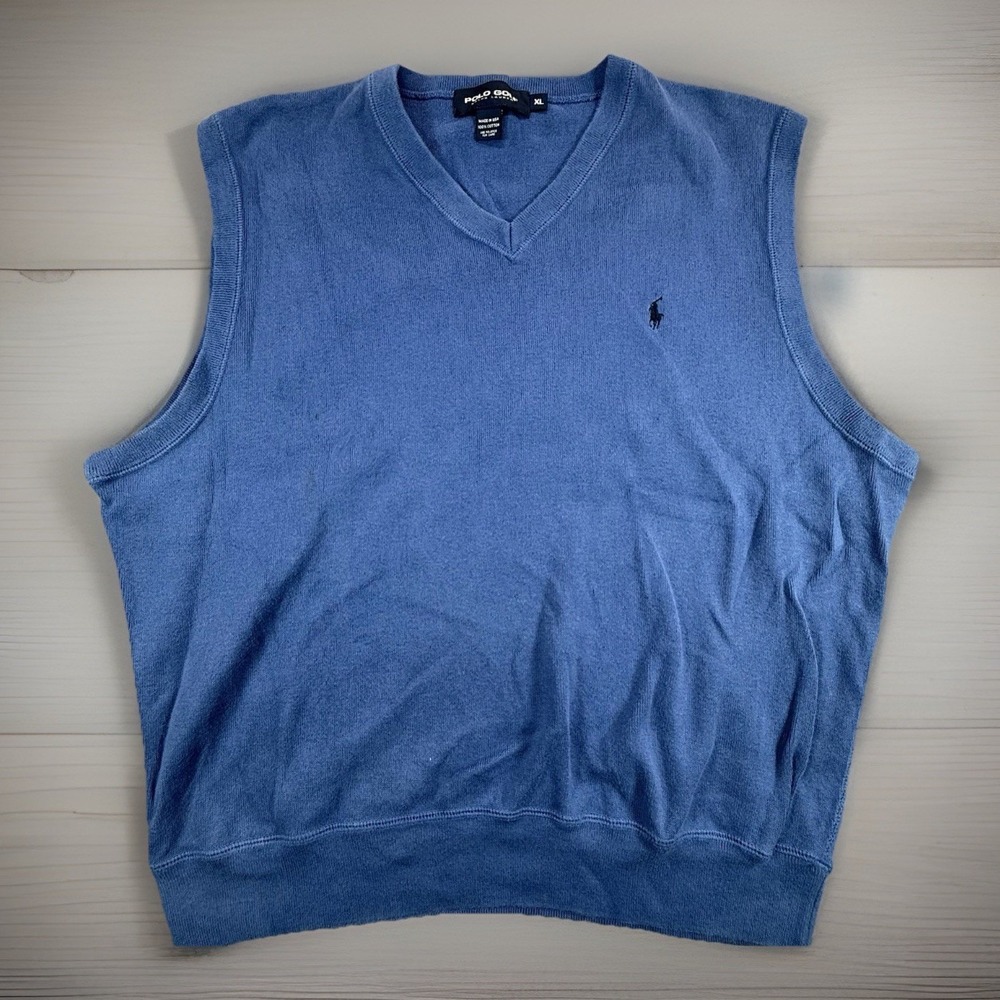 Polo Golf Ralph Lauren Mens XL V-Neck Sweater Vest Blue Made in USA Vintage 90s